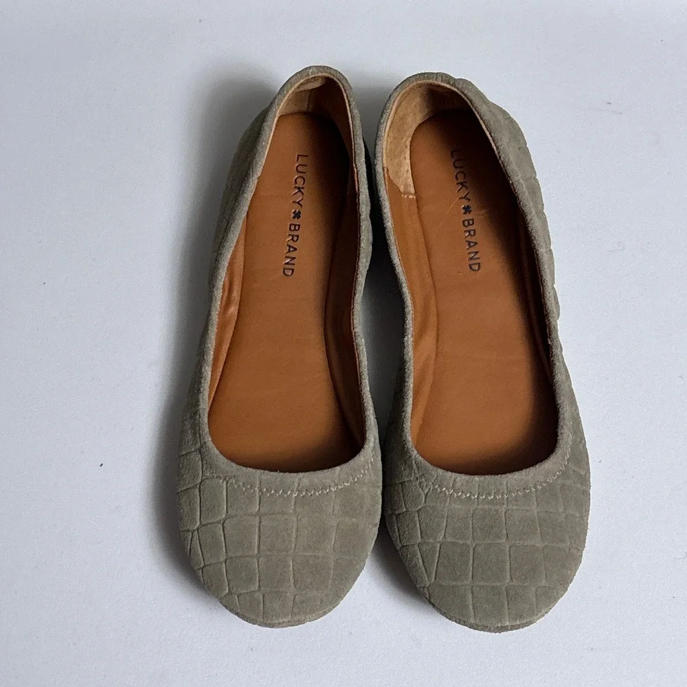 Lucky Brand Flats 8 Taupe Beige Croc Embossed Suede Slip On Ballet Emmie Boho